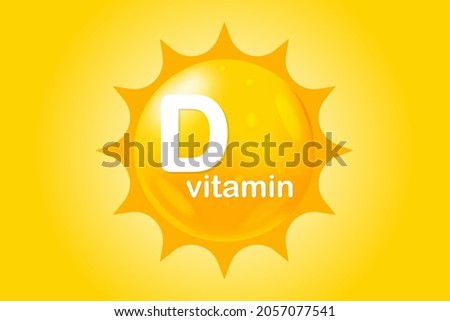 Vitamin D icon with sun. Vitamin D3 yellow shining capsule. Beauty, nutrition skin care, pharmacy, diet. Vector illustration