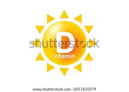 Vitamin D icon with sun. Vitamin D3 yellow shining capsule. Beauty, nutrition skin care, pharmacy, diet Vector illustration