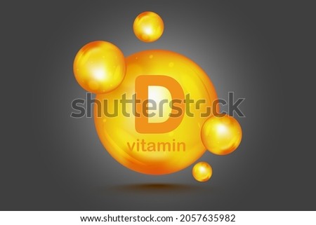 Vitamin D icon with sun. Vitamin D3 yellow shining capsule. Beauty, nutrition skin care, pharmacy, diet Vector illustration Foto stock © 