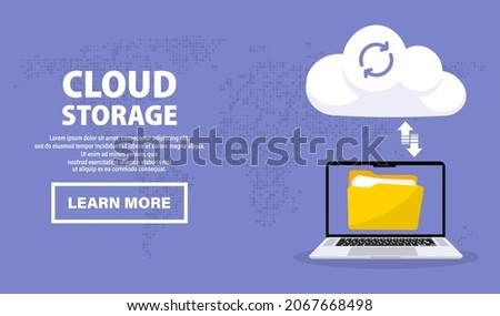 Laptop with cloud storage. Exchange of information. Laptop uploads files to cloud server. Cloud computing technology. Hosting, network management, data synchronization, database, remote access