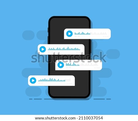 Smartphone with voice messages on screen . Voice and audio messages. Modern communication in messenger. Online chat. Social media design concept. Mobile phone with chat app and voice messages bubbles