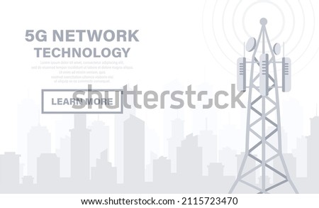 5G network technology. Communication tower wireless high speed internet. Base station, mobile data tower, cellular equipment, telecommunication antenna, signal. Concept of fastest internet in future