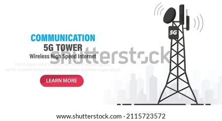 5G network technology. Communication tower wireless high speed internet. Base station, mobile data tower, cellular equipment, telecommunication antenna, signal. Concept of fastest internet in future