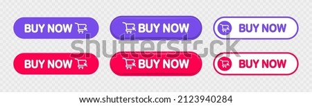Buy now button with shopping cart. Shop now. Modern collection for web site. Online shopping. Click here, apply, buttons hand pointer clicking. Web design elements. Vector illustration