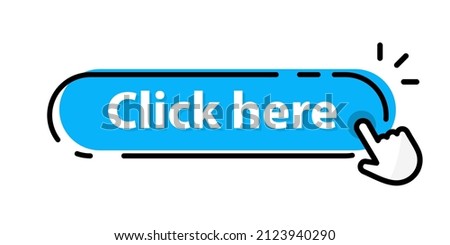 Click here button with hand pointer clicking. Modern click button with computer mouse cursor. Web button with action of hand pointer. UI button concept. Vector illustration