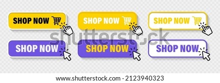 Buy now button with shopping cart. Shop now. Modern collection for web site. Online shopping. Click here, apply, buttons hand pointer clicking. Web design elements. Vector illustration Foto d'archivio © 