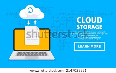 Cloud computing. Uploading process on computer screen. Cloud Data storage and processing. Backup concept. Network cloud service and hosting. Copying file