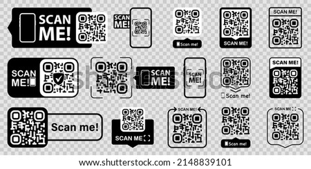 Set of QR codes with scan me inscription with phone. Qr code for payment, e-wallet, web, mobile app. UI UX design element. Inscription scan me. Barcode scan for smartphone. Mobile payment and identity