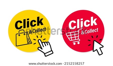 Click and collect icons. Click an collect with computer mouse pointer or mouse. Mouse cursor or Hand pointer. Concept online order or internet shopping. Ecommerce, internet sales and retail