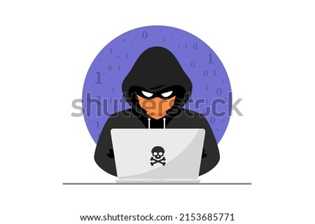 Hacker, Cyber criminal with laptop stealing user personal data. Hacker attack and web security. Internet phishing concept. Hacker in black hood with laptop trying to cyber attack