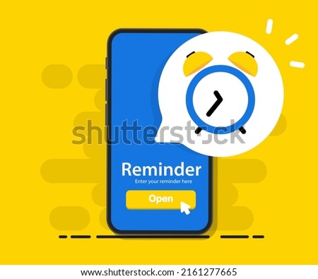 Smartphone with alarm clock reminder message on screen. New notice on the phone. Alert notification with notification bell. Important reminder. Important event push message. Timer notification