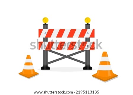 Traffic Road barrier. Road closed, warning barrier. Flat vector illustrations for website under construction page. Warning and stop signs, roadwork, traffic barricade and cone. Safety barricade