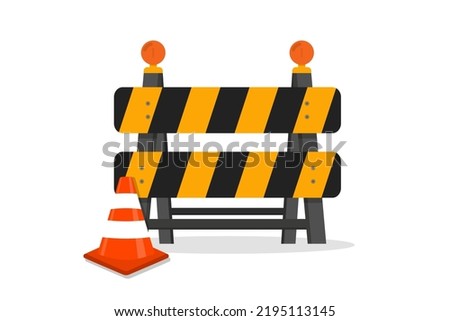 Traffic Road barrier. Road closed, warning barrier. Flat vector illustrations for website under construction page. Warning and stop signs, roadwork, traffic barricade and cone. Safety barricade