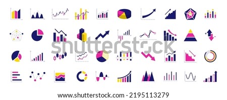 Business data charts. Diagrams and graphs. Business data market elements, statistic and data, infographics business, money, down or up, analytic report. Set of financial marketing colorful diagrams