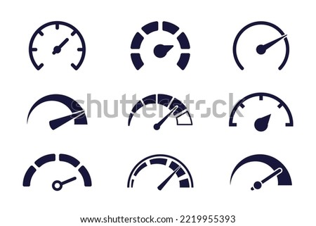 Speed signs. Speedometer black icons set. Speed indicators with arrows. Fast speed. Internet speed, gauge, dashboard, indicator, tachometer, scale. Credit score indicator. Risk levels meter icon