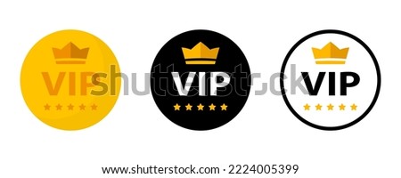 Vip label, badge or tag. Vip icons with crown and stars. Round label with three vip level in gold, silver and bronze color. Modern vector illustration