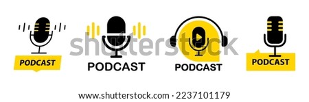 Podcast. Microphone icon. Set of radio podcast icons. Webinar, online training, radio show or audio blog podcast concept. Webcast audio record concept. Vector flat illustration, icons, logo design