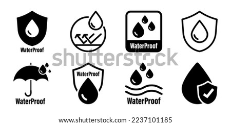 Waterproof icons. Water Proof. Collection of water resistant signs. Water protection, liquid proof protection. Shield with water drop. Anti wetting material, hydrophobic fabric, surface protection