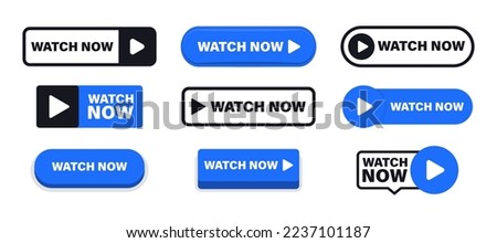 Set of Watch now buttons. Play video buttons in flat style. Watch video. Play now. Web media. Online translation. Set of vector modern trendy flat buttons for website. UI element. Vector illustration