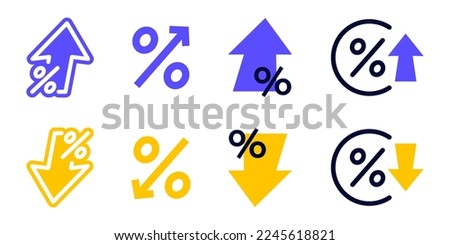 Percent with arrows up and down. Arrow with percentage icon. Increasing and reduction percentage. Growing and decline percent. Element for business, banking, credit, interest rate, finance sphere