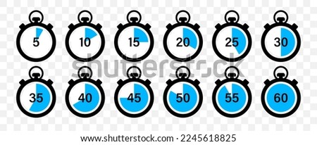 Timer and stopwatch vector icons set. Countdown timer vector icons. Time management. Deadline, punctuality and time management and optimization Countdown 5, 10, 20, 30, 60 minutes. Vector illustration