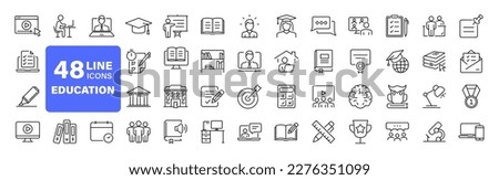 Education set of web icons in line style. Learning icons for web and mobile app. E-learning, video tutorial, knowledge, study, school, university, webinar, online education. Vector illustration