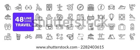 Travel and Tourism set of web icons in line style.Travel and vacation icons for web and mobile app. Airport, tickets, tour, relax, hotel, recreational rest, service. Vector illustration