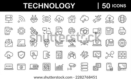 Technology set of web icons in line style. Information technology signs for web and mobile app. IT network system, 5g, communication, computer, chip, web design, software, data center, device, ai.
