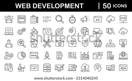 Web development set of web icons in line style. Developer icons for web and mobile app. Code, api, programmer coding, app, flow, node connect, web coder, bug fix and more. Vector illustration