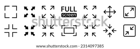 Full screen vector black icons. Set of full screen and exit full screen icon. Arrow mark icons. Scalability icons in flat style for web site, UI, mobile app. Vector illustration