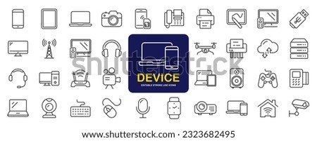 Devices set of web icons in line style. Electronic devices and gadgets icons for web and mobile app. Smart devices, technology, computer monitor, smartphone, tablet, laptop, drone. Vector illustration