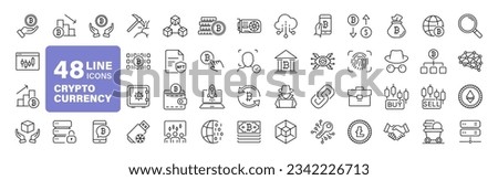 Cryptocurrency set of web icons in line style. Crypto technology and Blockchain icons for web and mobile app. Crypto currency, bitcoin, NFT, technology, decentralized finance, encryption, token