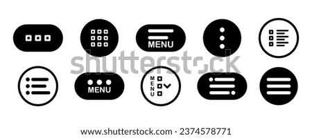 Set of black menu buttons for website UI navigation. Hamburger web and mobile app menu icons. Burger menu UI design elements button. Set of modern navigation buttons or Web menu and ui icons set