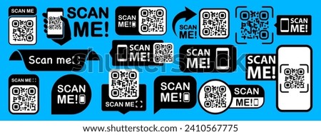 Scan qr code. Scan QR code flat icon with phone. Qr Code template for mobile app, payment and discounts. Barcode. Mobile payment and quick response codes. Scan me with smartphone. Vector illustration