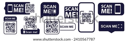 Scan qr code. Scan QR code flat icon with phone. Qr Code template for mobile app, payment and discounts. Barcode. Mobile payment and quick response codes. Scan me with smartphone. Vector illustration