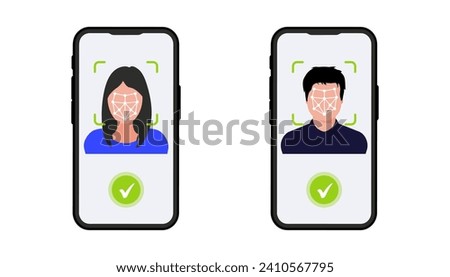 Face ID icon. Face identification on mobile phone. Identification of a person. Face scanning process. Biometric verification Facial recognition system, identification face identity detection.