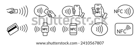 NFC wireless payment technology icons. Contactless NFC payment. NFC payment with smartphone. Contact less. NFC payment with mobile phone. Credit card. Contactless wireless pay, tap pay wave sign