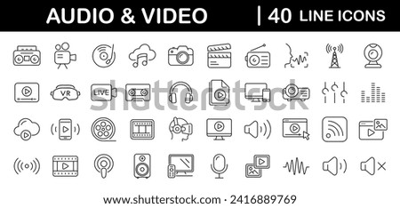 Audio Video set of web icons in line style. Music and Video icons for web and mobile app. Podcast, video media player, radio, song. Vector illustration