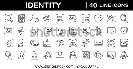 Identity set of web icons in line style. Verification icons for web and mobile app. Fingerprint, face identification, ID card, voice recognition, DNA, Passport. Vector illustration