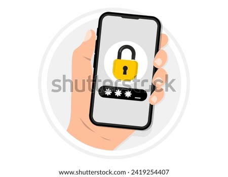 Hand holding smartphone with lock screen. Phone with enter password code verification security protection for authorization. Secure access notification message. Two step authentication
