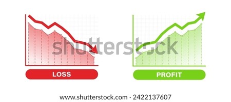 Financial profit and loss graph charts. Green arrow up and red down arrow. Profit and loss trading of trader. Financial crisis, profit decrease. Graph finance concept with up down arrow symbol