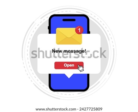 New message notification on the smartphone screen. Unread email notification. Phone with unread email. New email notification arrived. Vector illustration