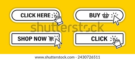 Click Here Button with Click cursor. Set for action button design. Click button. Modern button with mouse click symbol. Computer mouse cursor or hand pointer symbol for UI UX website, mobile app