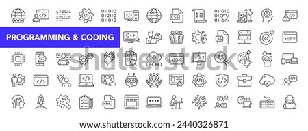 Programming coding and success icon set with editable stroke. Software development thin line icon collection. Vector illustration