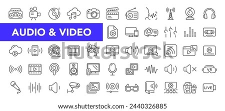 Audio and Video icon set with editable stroke. Music and Video thin line icon collection. Vector illustration