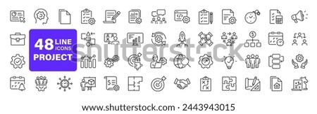 Management set of web icons in linear style. Project management icons for web and mobile app. Business, organisation management, planning, project, startup, marketing, teamwork. Vector illustration