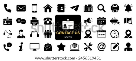 Contact us set of web icons. Social Media network icons for web. Customer service. Contact support sign and symbols. Call us, support, email, message, phone, info. Solid vector icons collection