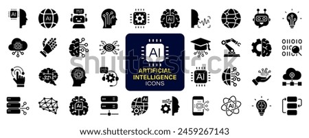 Artificial intelligence set of web icons. AI technology icons for web and mobile app. Machine learning, digital AI technology, algorithm, smart robotic, cloud computing. Solid vector icons collection