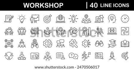 Workshop set of web icons in line style. Business Workshop icons for web and mobile app. Containing team building, teamwork, coaching, meeting, managing, coaching, motivation and more