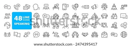 Speaking set of web icons in line style. Communication icons for web and mobile app. Containing people, communication, talking, discussion, speech bubble, team, support and more